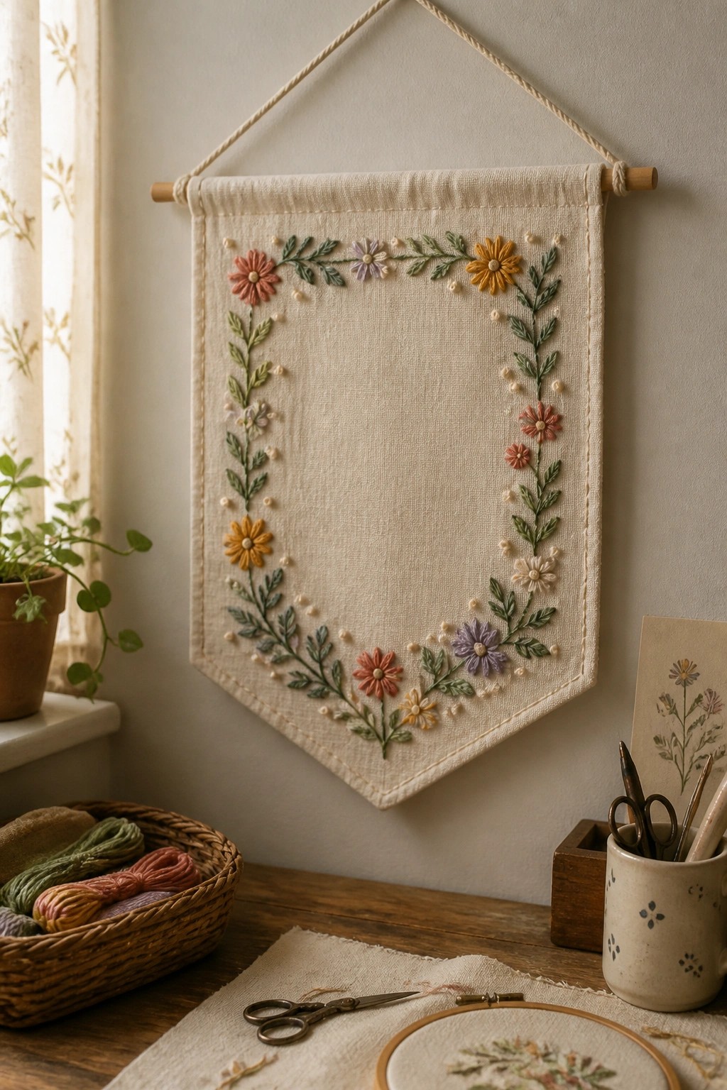 Embroidered floral banner hangs above table with threads, scissors, and embroidery hoop.