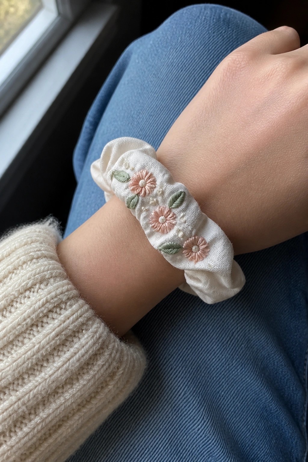 A white scrunchie with pink embroidered flowers and green leaves on a person's wrist.