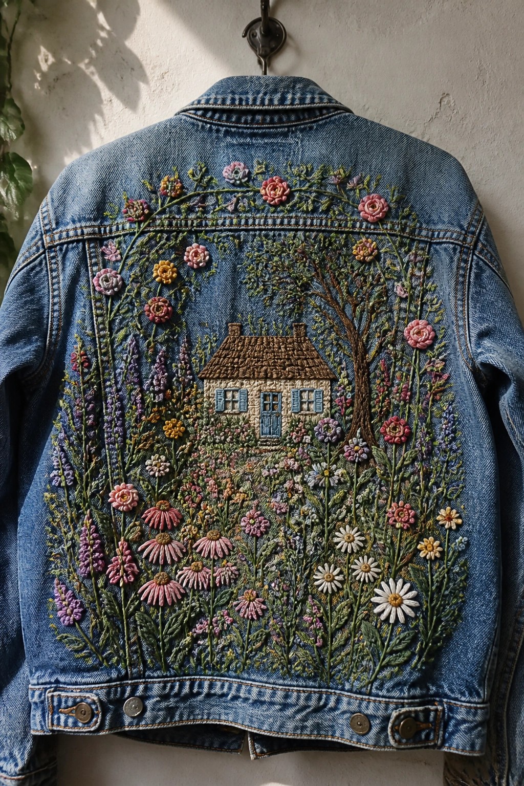 Denim jacket back embroidered with colorful flowers, tree, and thatched cottage scene.
