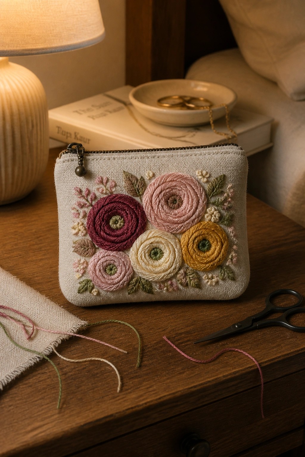 Embroidered floral pouch with pink, yellow, and maroon roses on wooden table