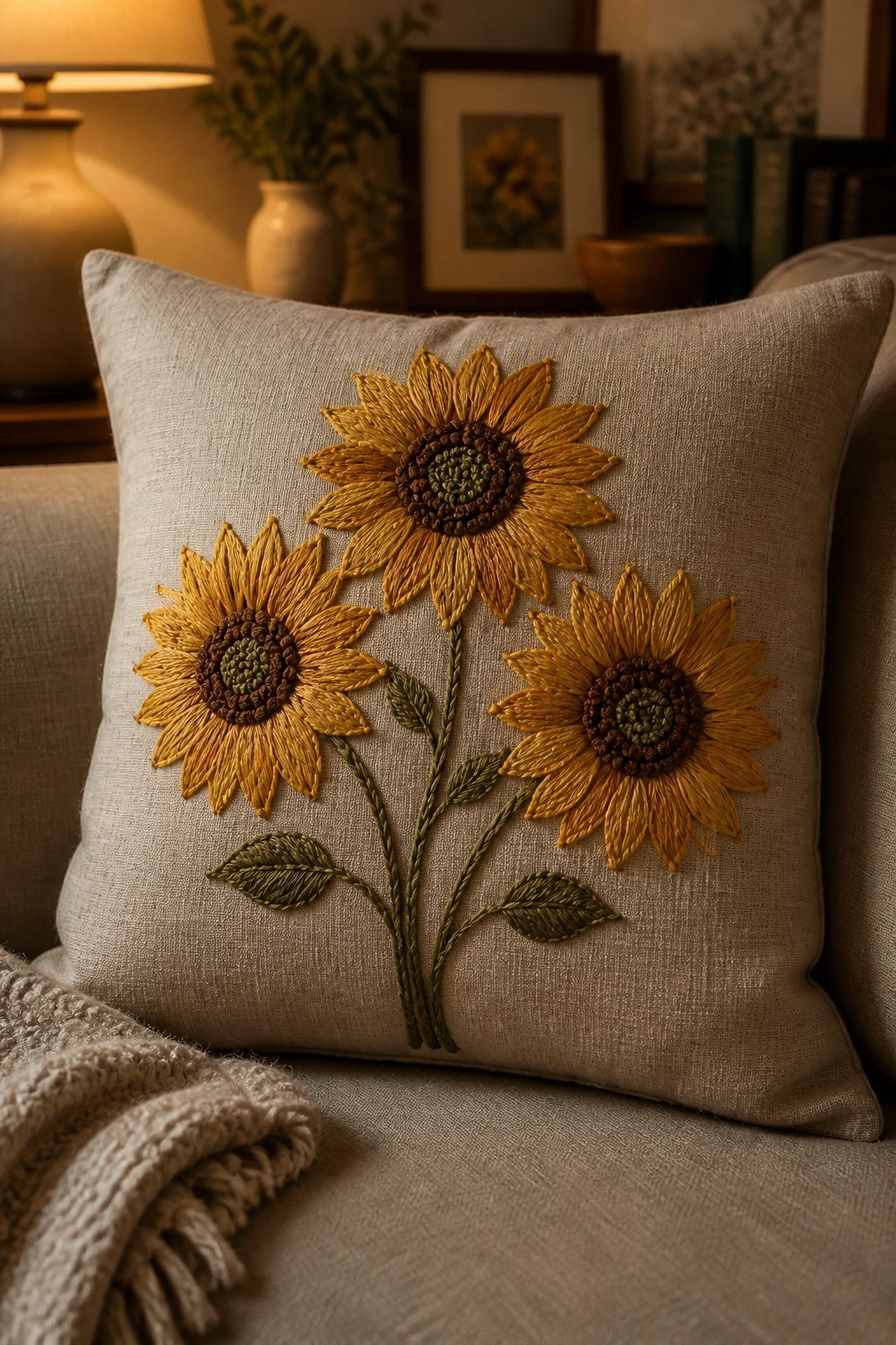Beige embroidered pillow with three yellow sunflowers on a gray couch