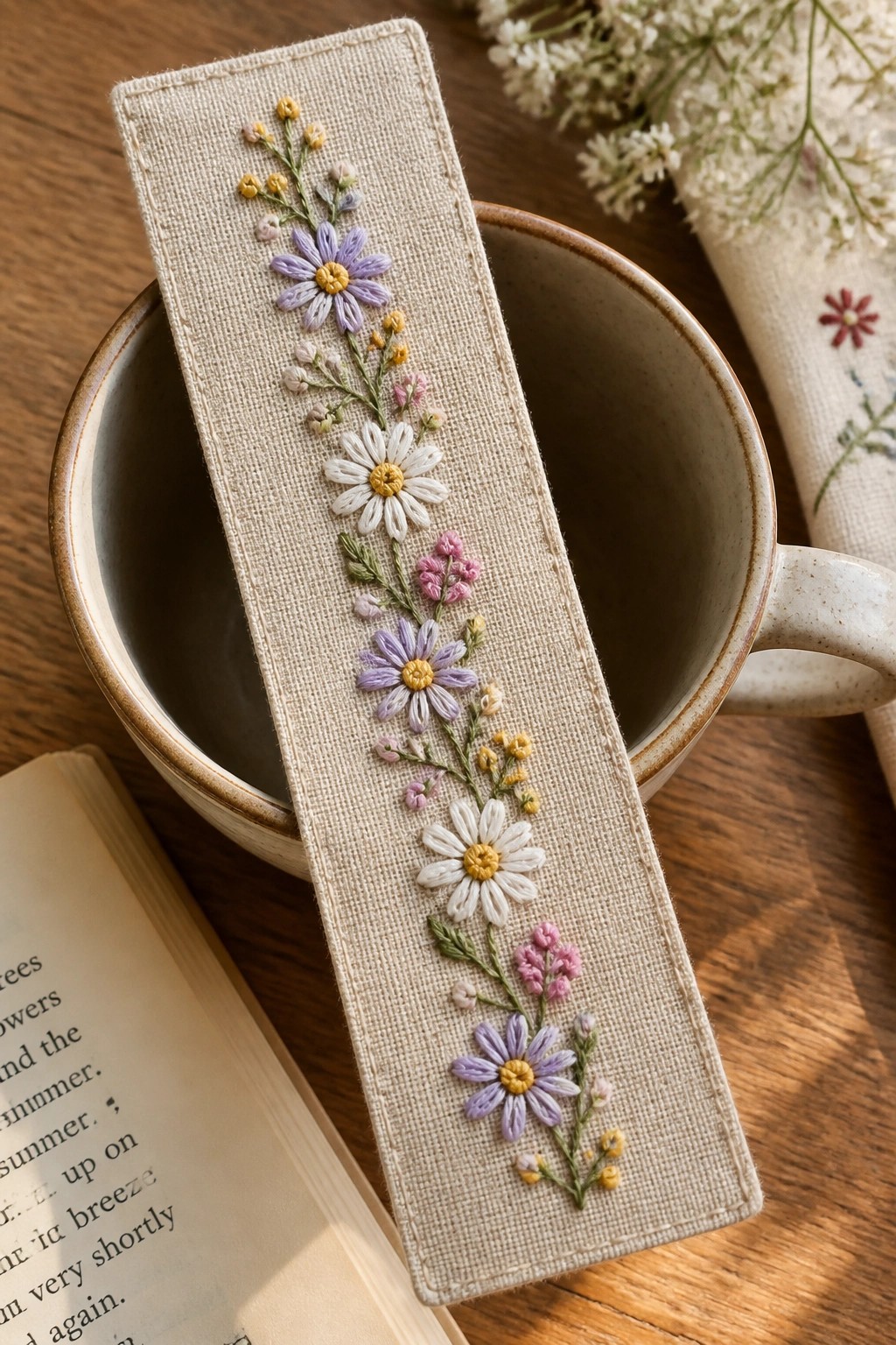 Embroidered linen bookmark with purple, white, and pink flowers on a ceramic mug beside an open book