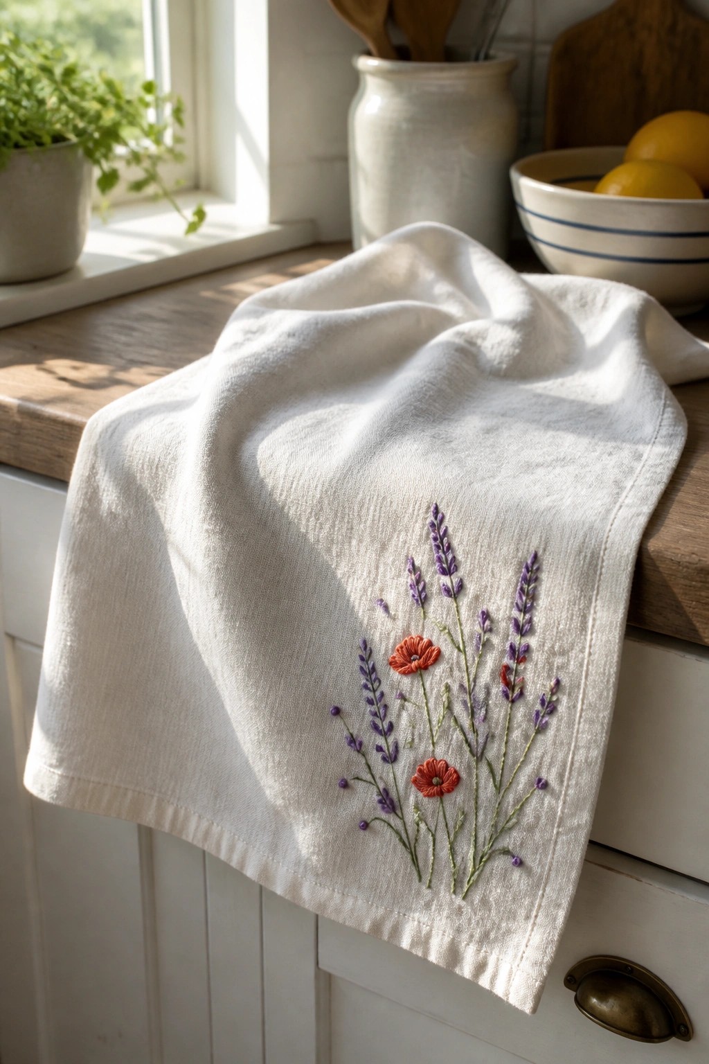 White embroidered towel with red poppies and purple lavender on kitchen counter