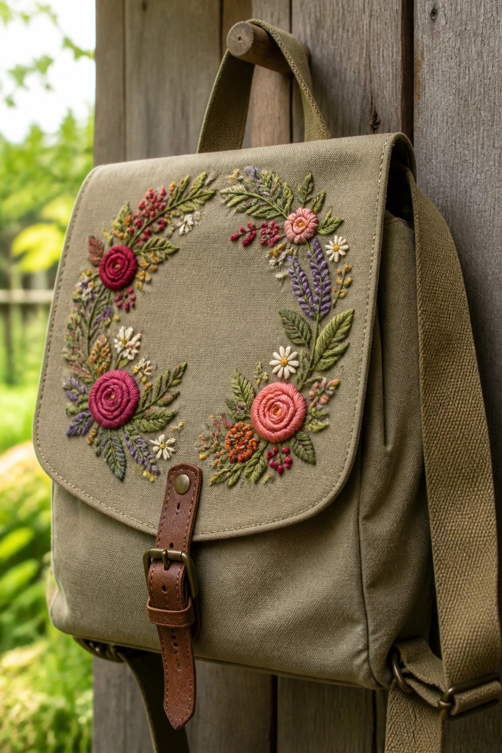 Embroidered olive green canvas backpack with floral wreath and leather buckle.