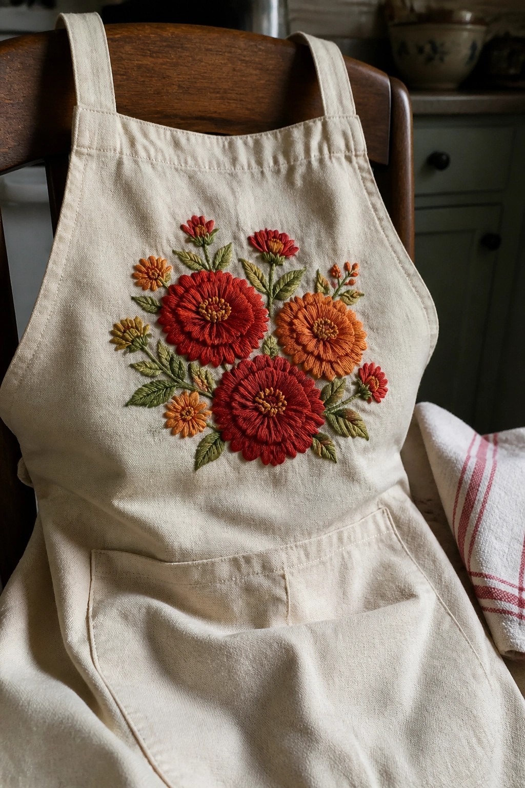 Beige apron with vibrant red and orange floral embroidery on wooden chair