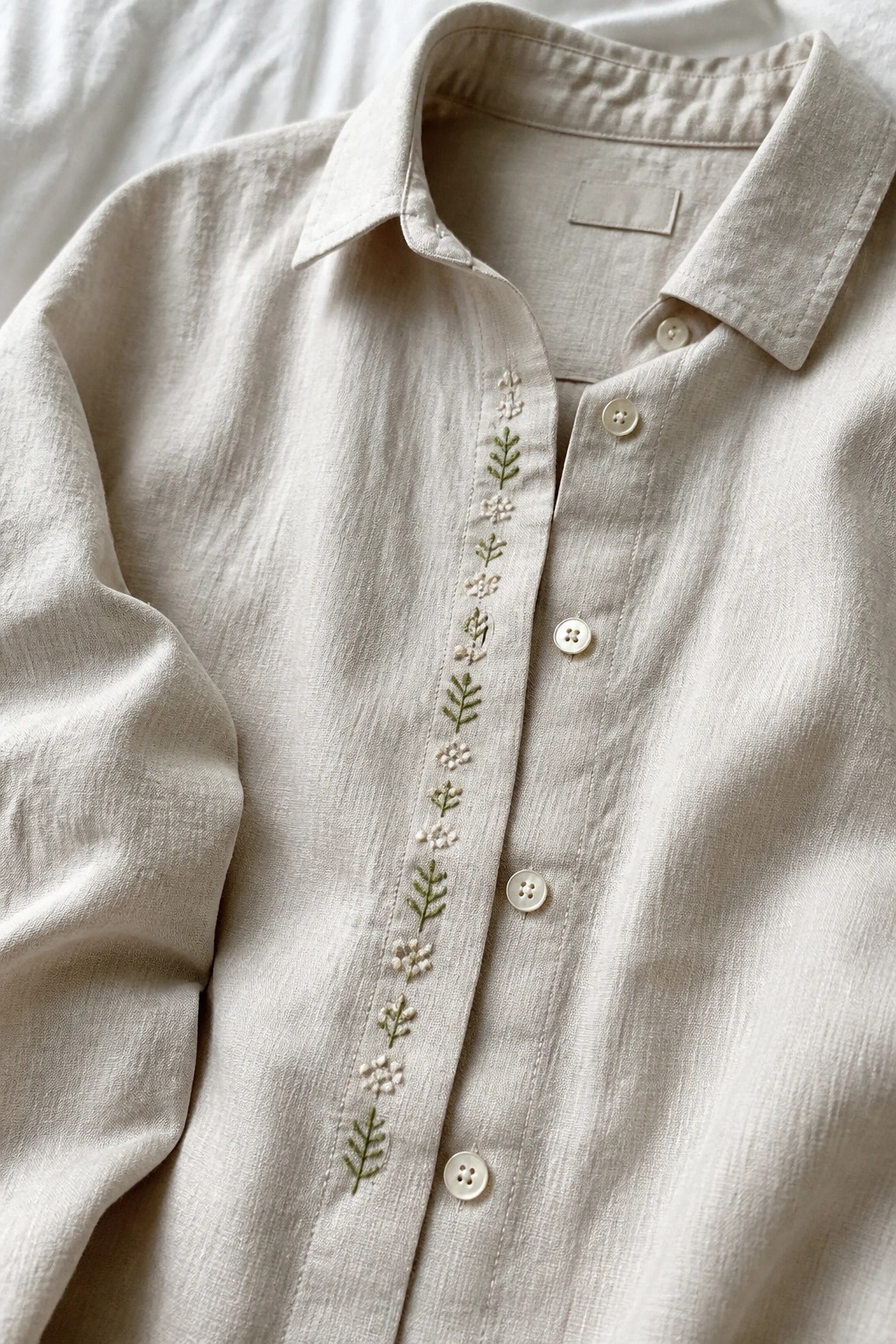 Beige linen shirt with green and white floral embroidery along button placket