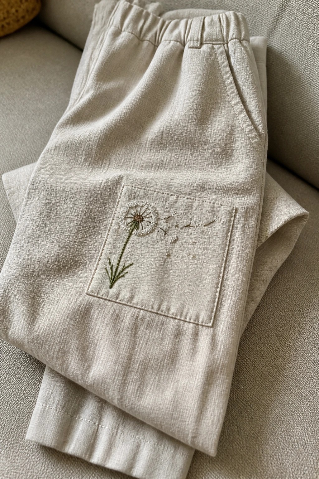 Cream-colored linen pants with dandelion embroidery on front pocket, folded on couch.