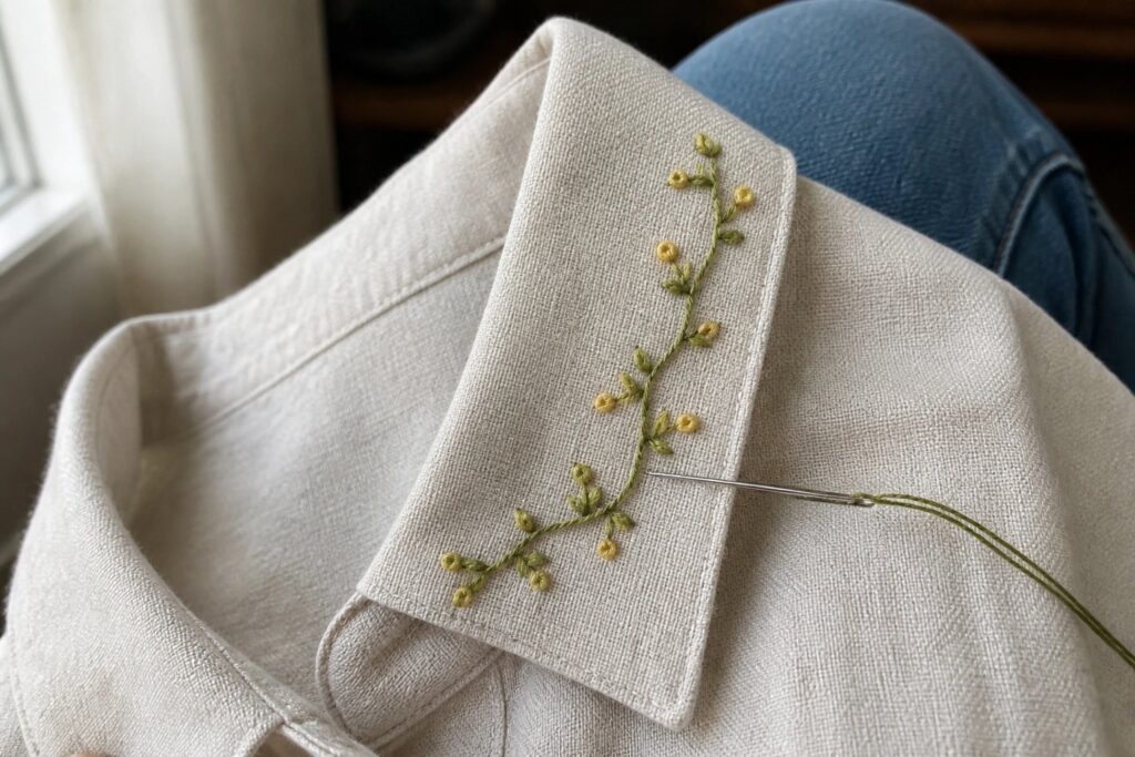 White shirt collar with delicate green vine and yellow flower embroidery, needle and thread attached