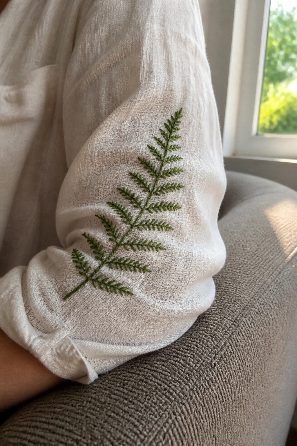 White shirt sleeve with green fern embroidery on gray textured fabric