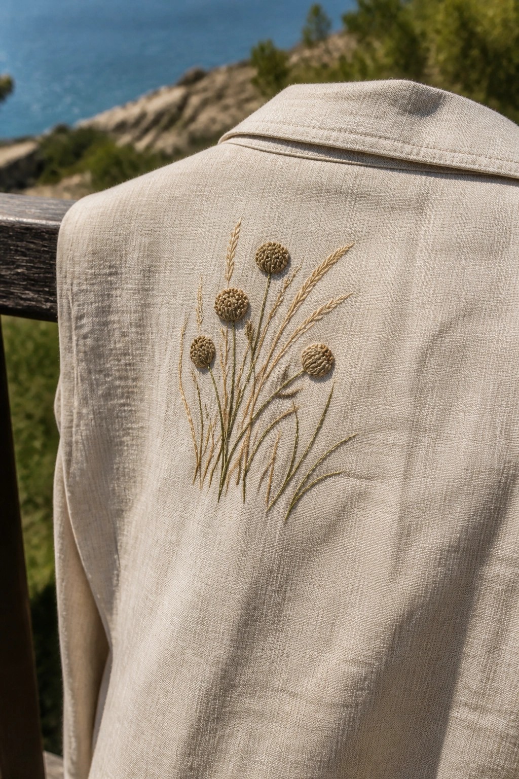 Beige linen shirt embroidered with wildflowers and grasses, sea and hills behind