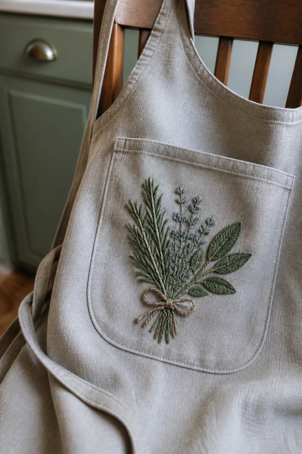 Beige linen apron with embroidered herb bouquet on pocket, over wooden chair.