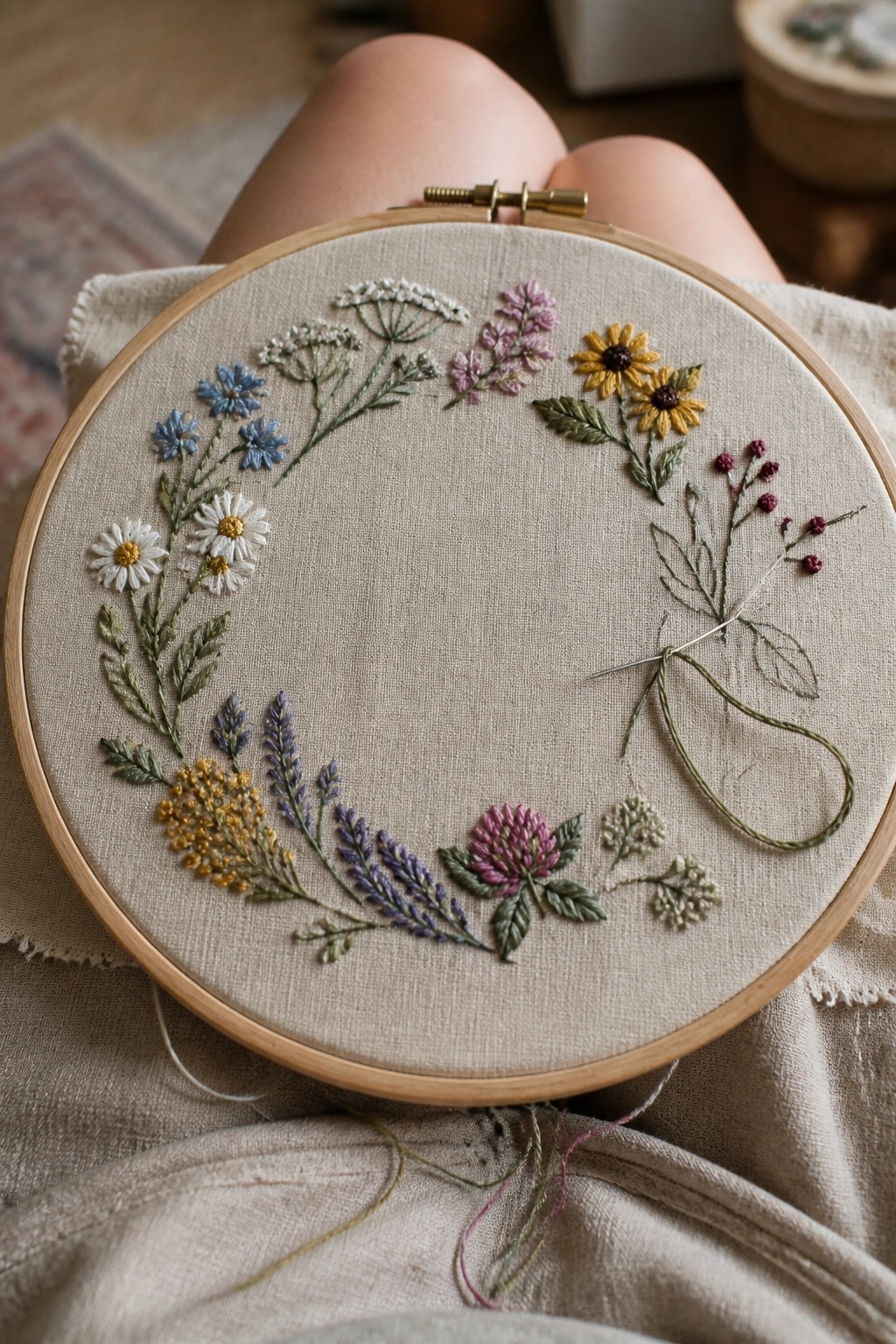 Wooden hoop with floral embroidery on beige fabric, needle threaded with green floss on lap