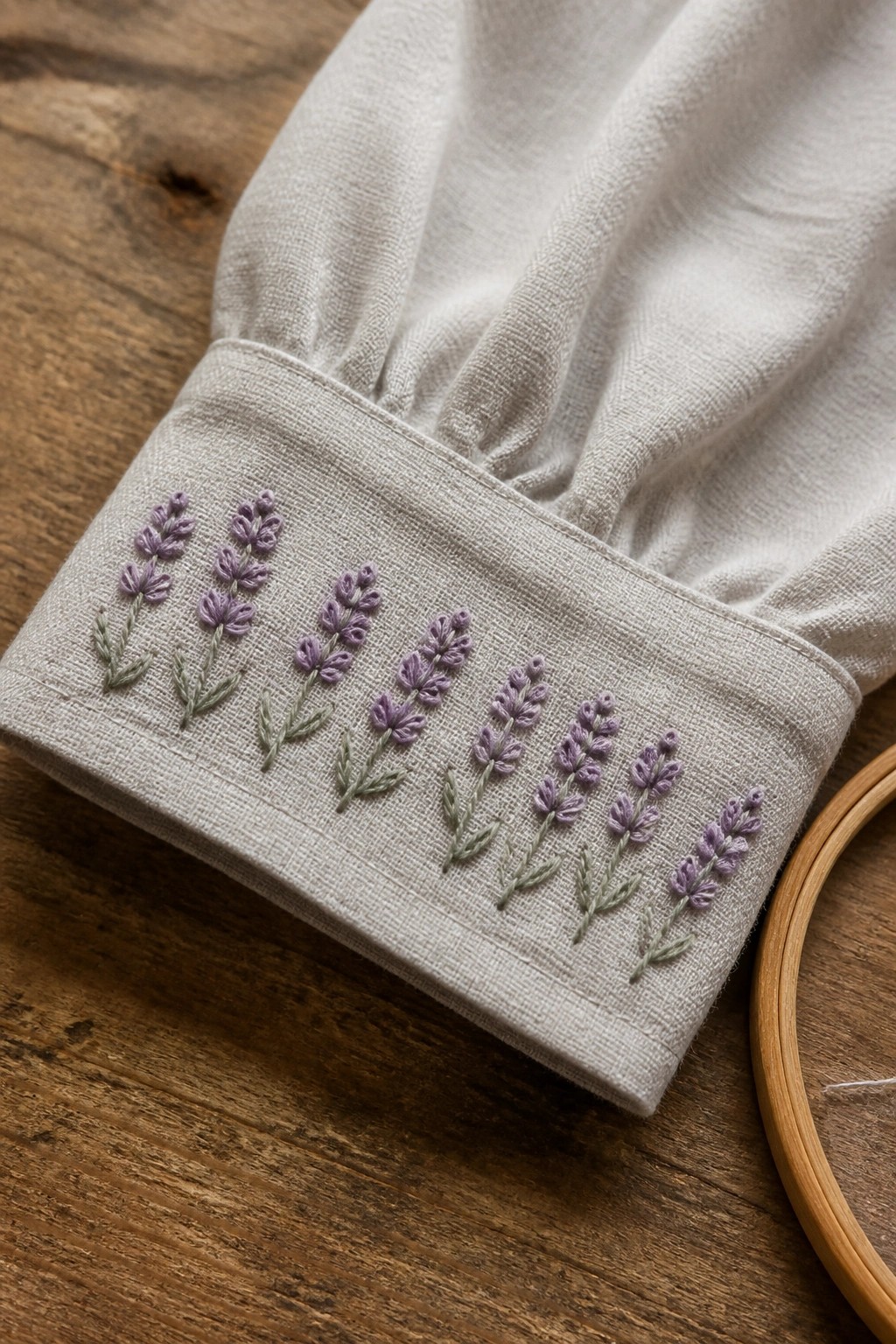 Embroidered purple lavender flowers on light fabric cuff with wooden hoop nearby