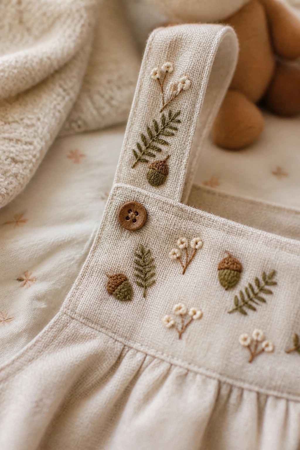 Close-up of small embroidered acorns, leaves, and flower clusters on the strap and bib of a beige linen garment next to a wooden button.