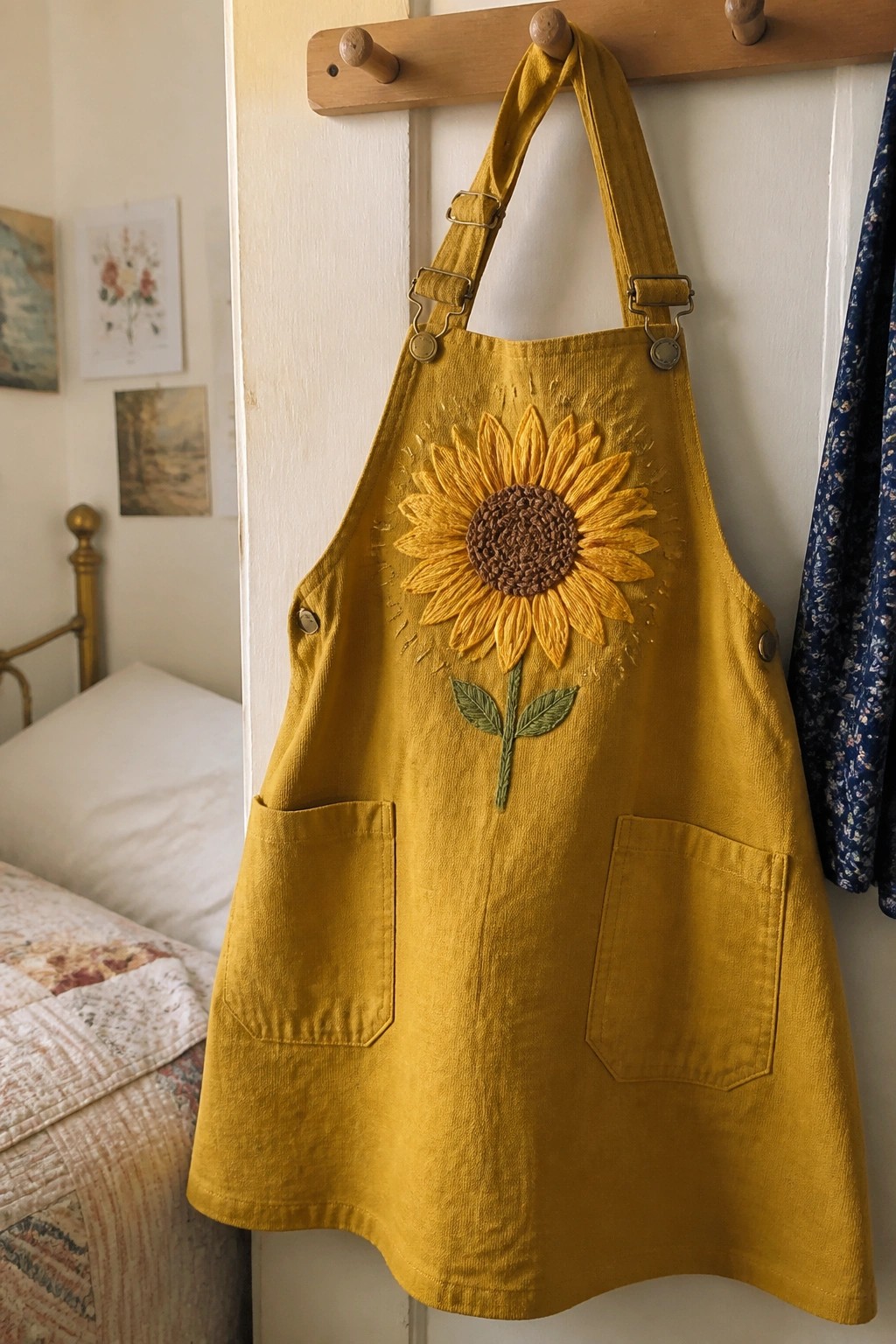 Yellow corduroy apron with embroidered sunflower hanging on wooden peg rack