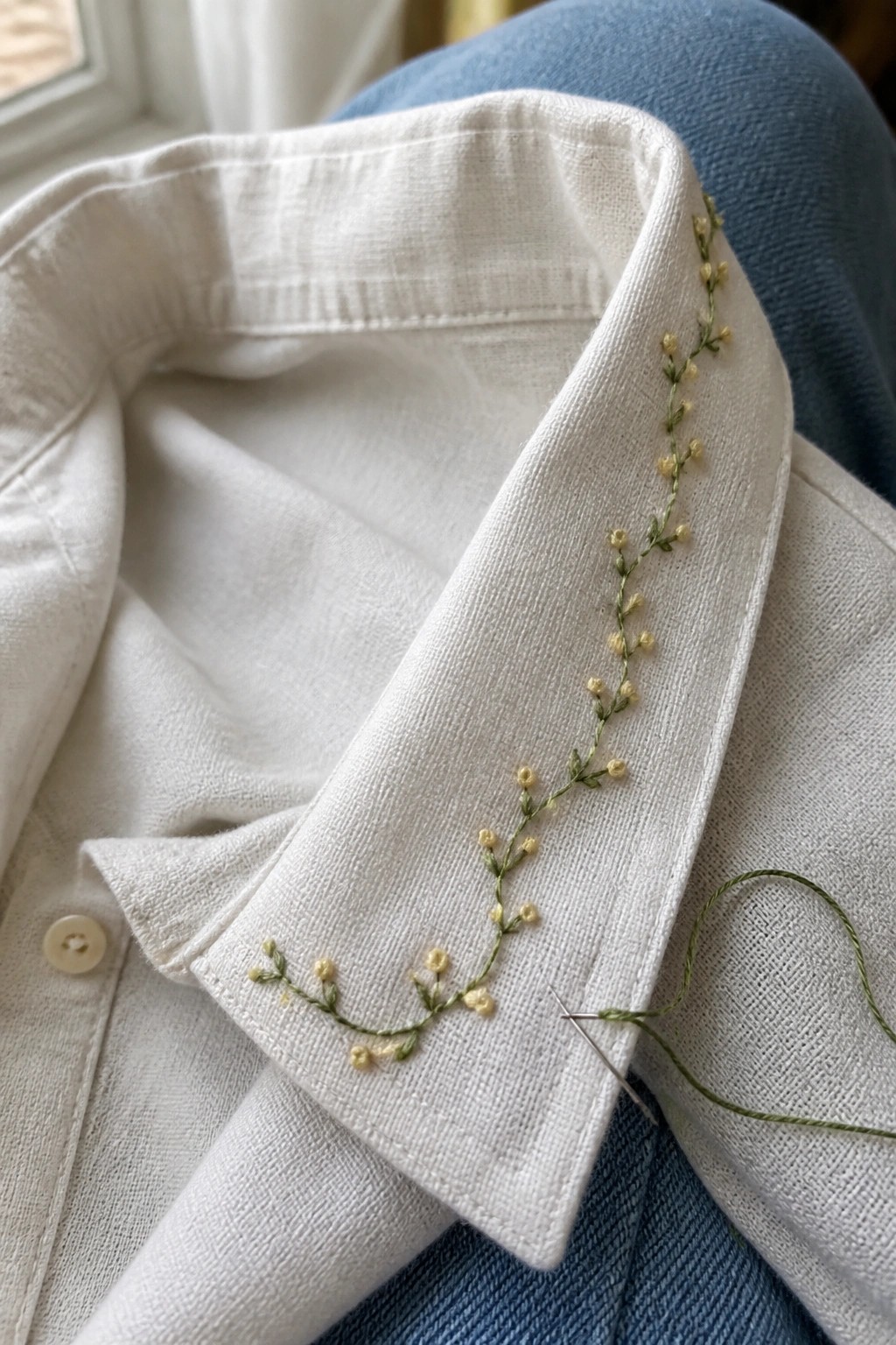 White shirt collar with delicate green vine and yellow flower embroidery, needle and thread attached