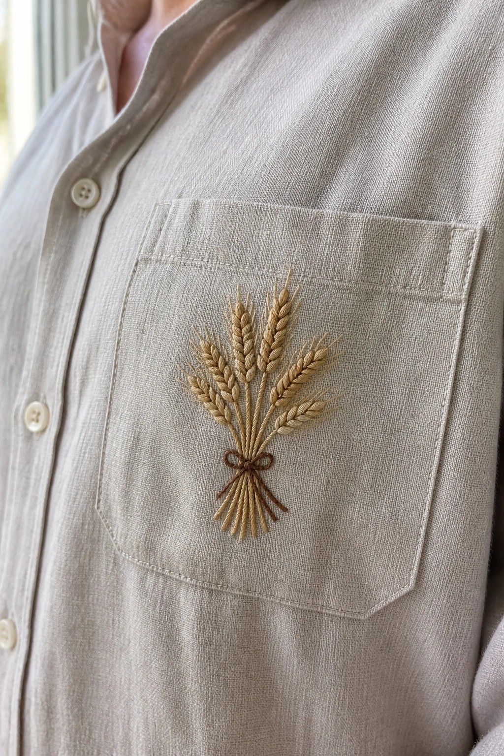 Beige linen shirt pocket embroidered with wheat stalks tied by brown bow