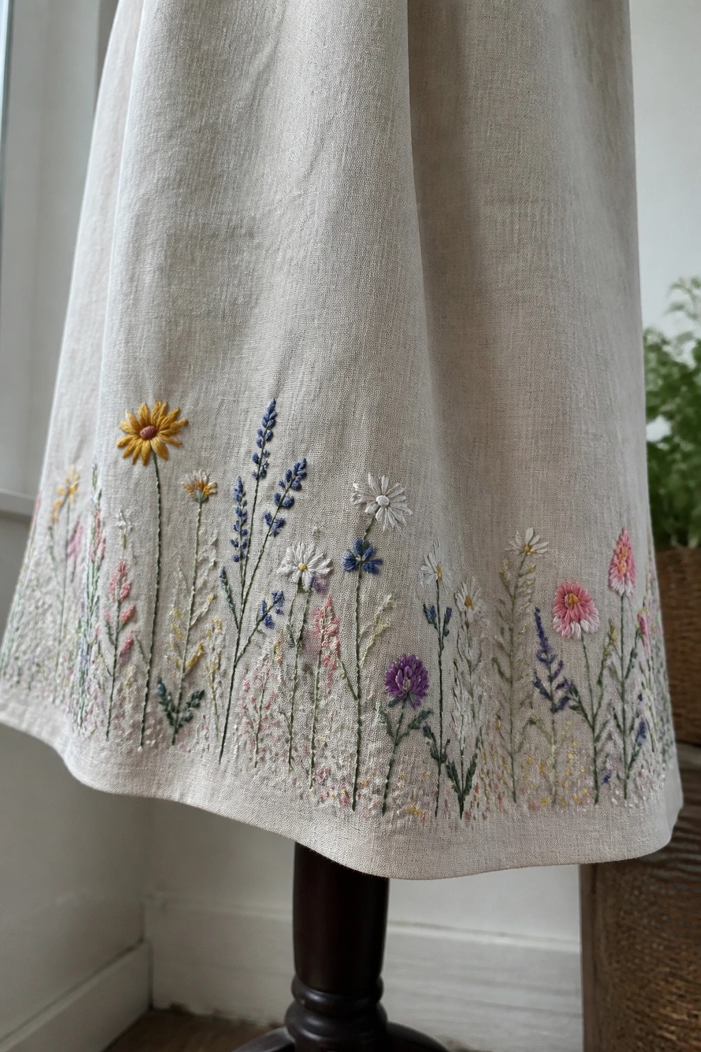 Off-white skirt hem with colorful wildflower embroidery on dark wooden stand