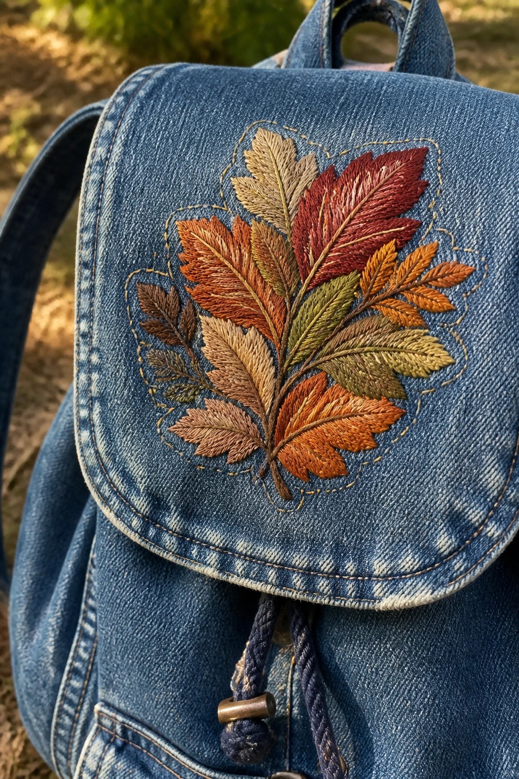 Blue denim backpack with colorful embroidered autumn leaves on the flap.
