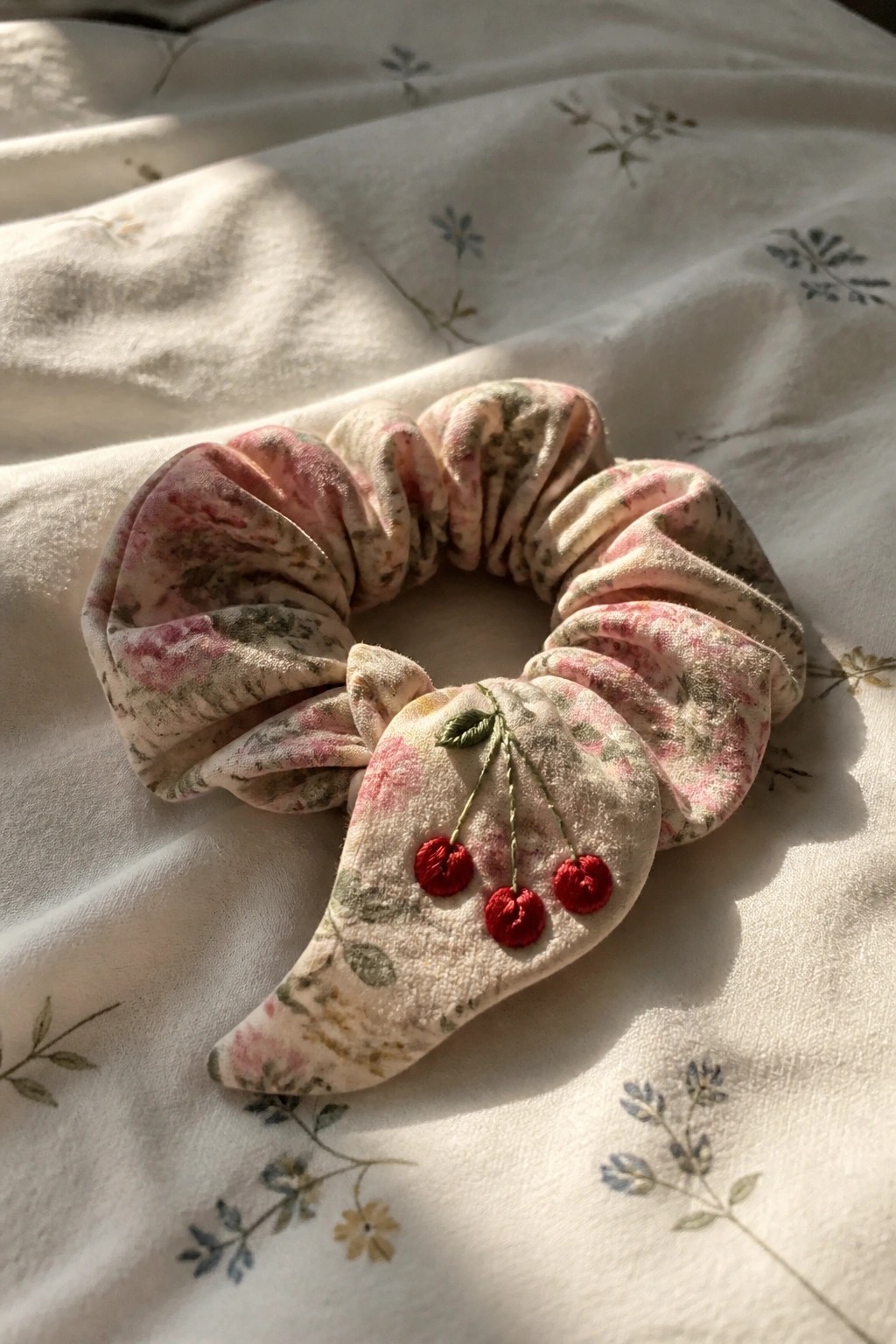 Pink floral scrunchie with red cherry embroidery on patterned white fabric.