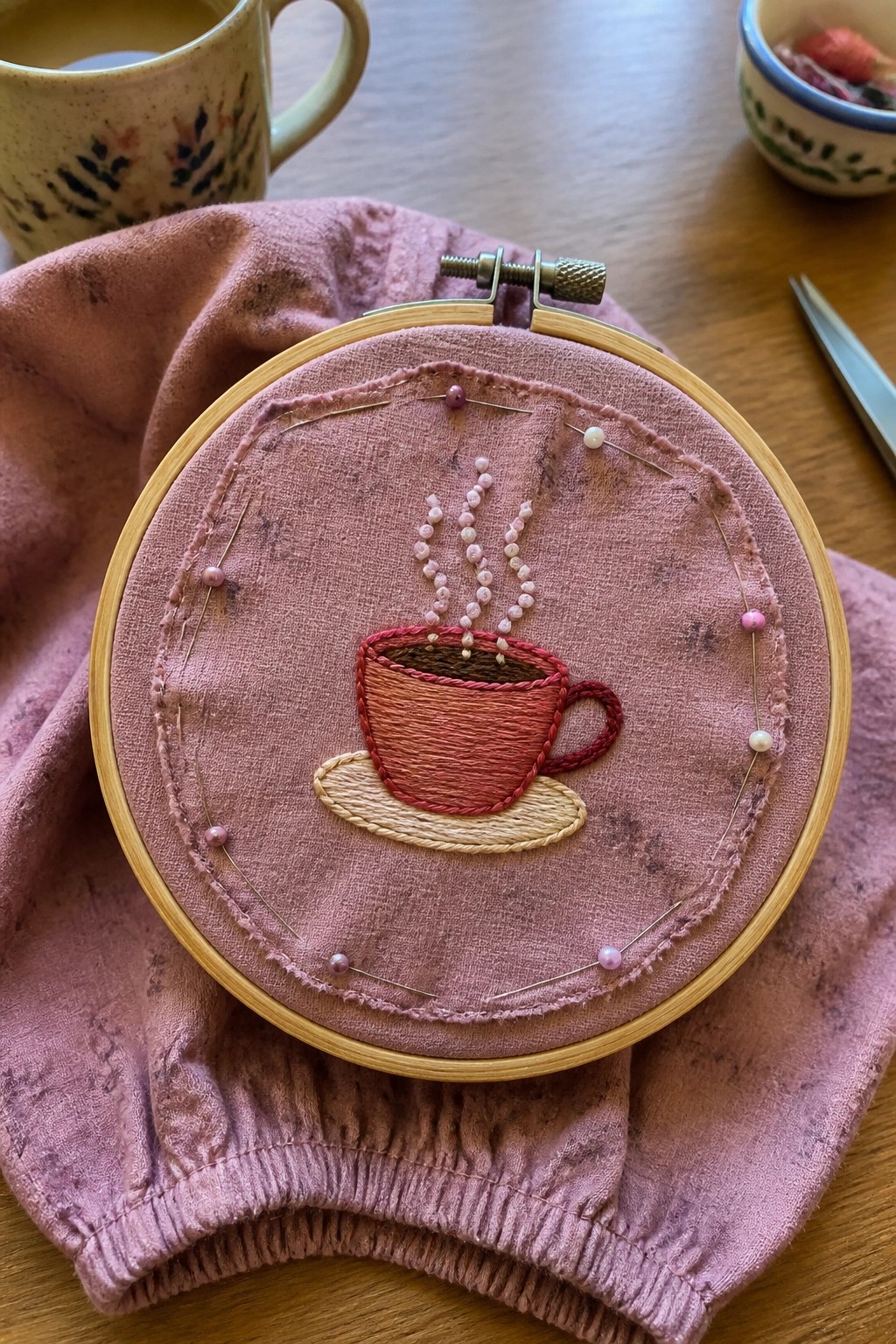 Embroidery hoop with red-orange coffee cup and beaded steam on pink fabric