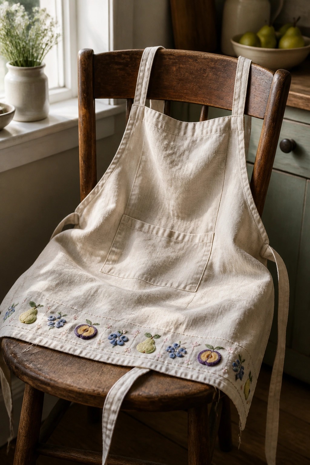 Embroidered cream apron with fruit motifs draped over rustic wooden chair