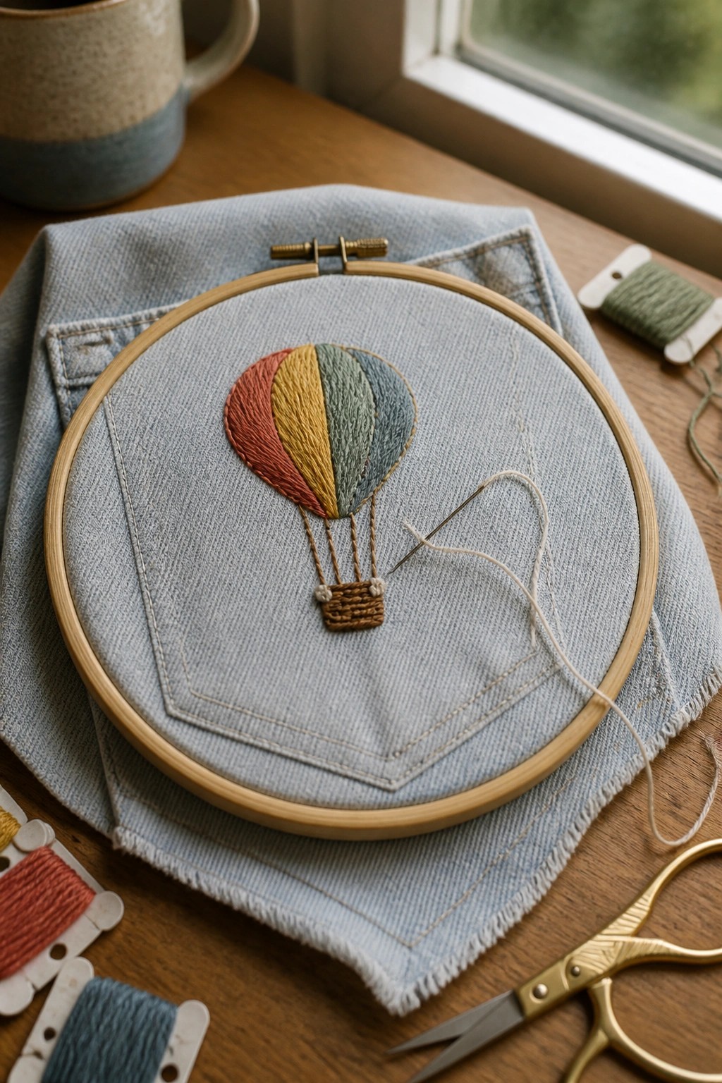 Colorful hot air balloon embroidery in hoop on blue denim with needle and thread.