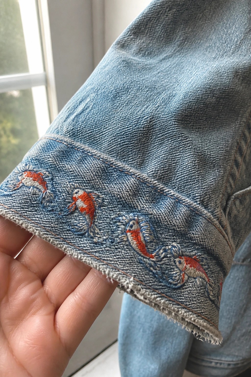 Hand holding light blue denim cuff embroidered with orange koi fish in waves.