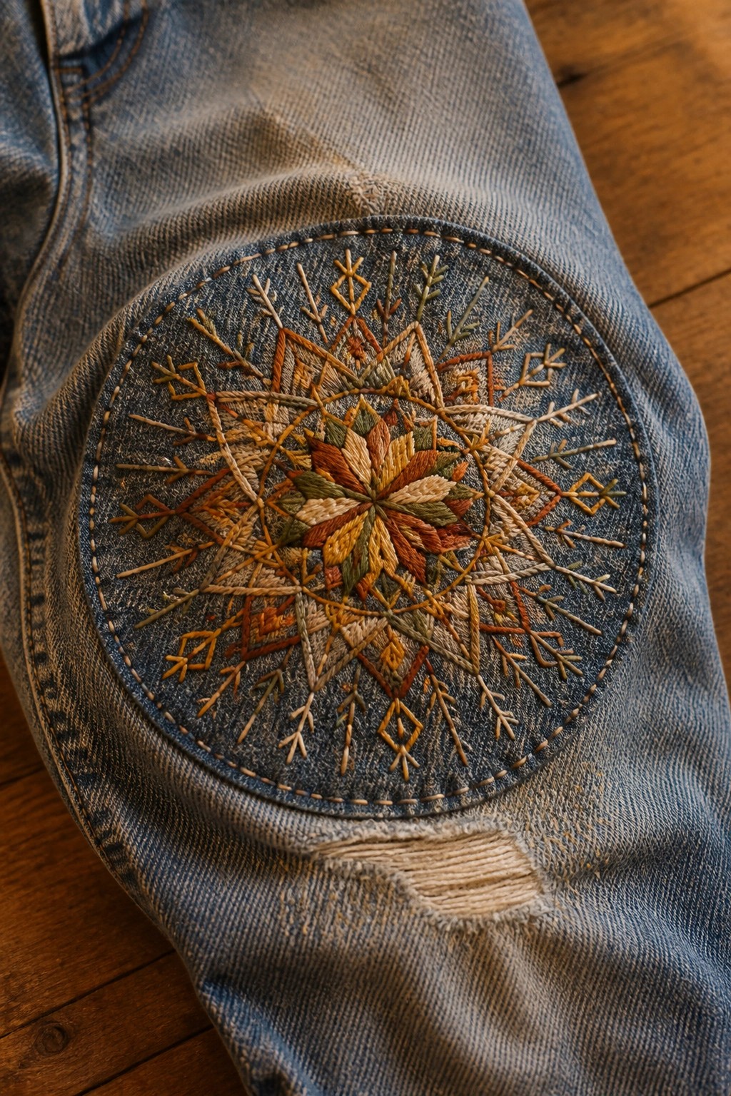 Faded blue denim jeans with colorful embroidered mandala patch above a rip