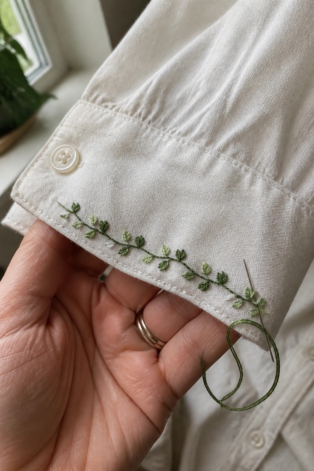Hand holding white cuff with green leaf embroidery and threaded needle