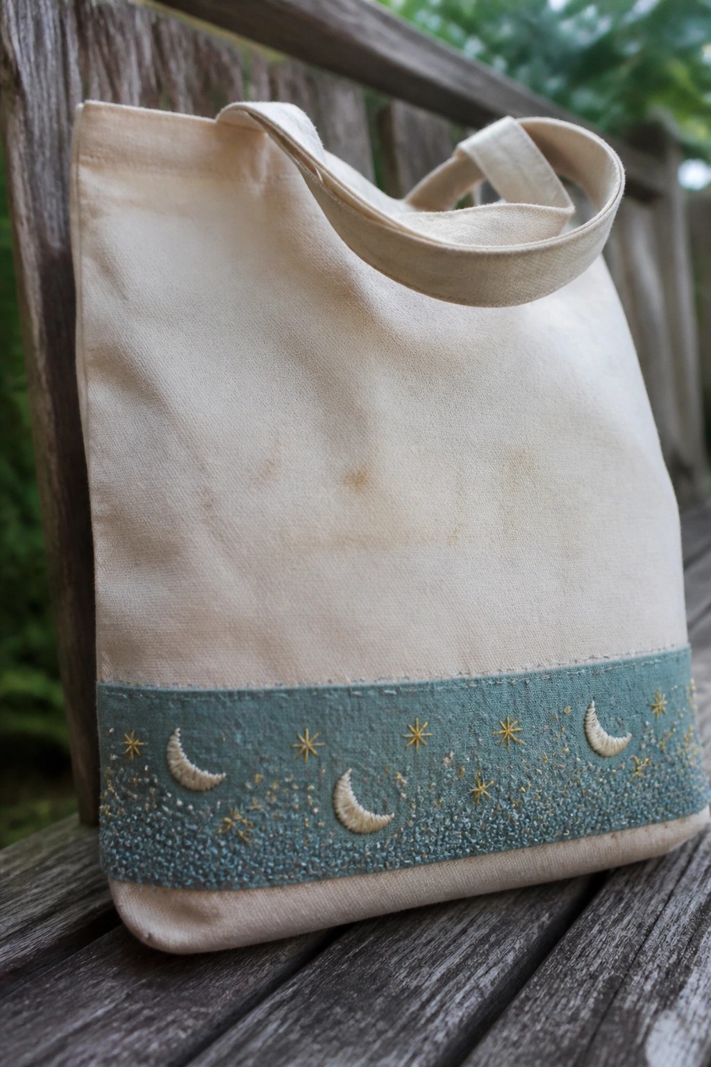 Canvas tote bag with a teal fabric band embroidered with moons, stars, and dots near the bottom edge.