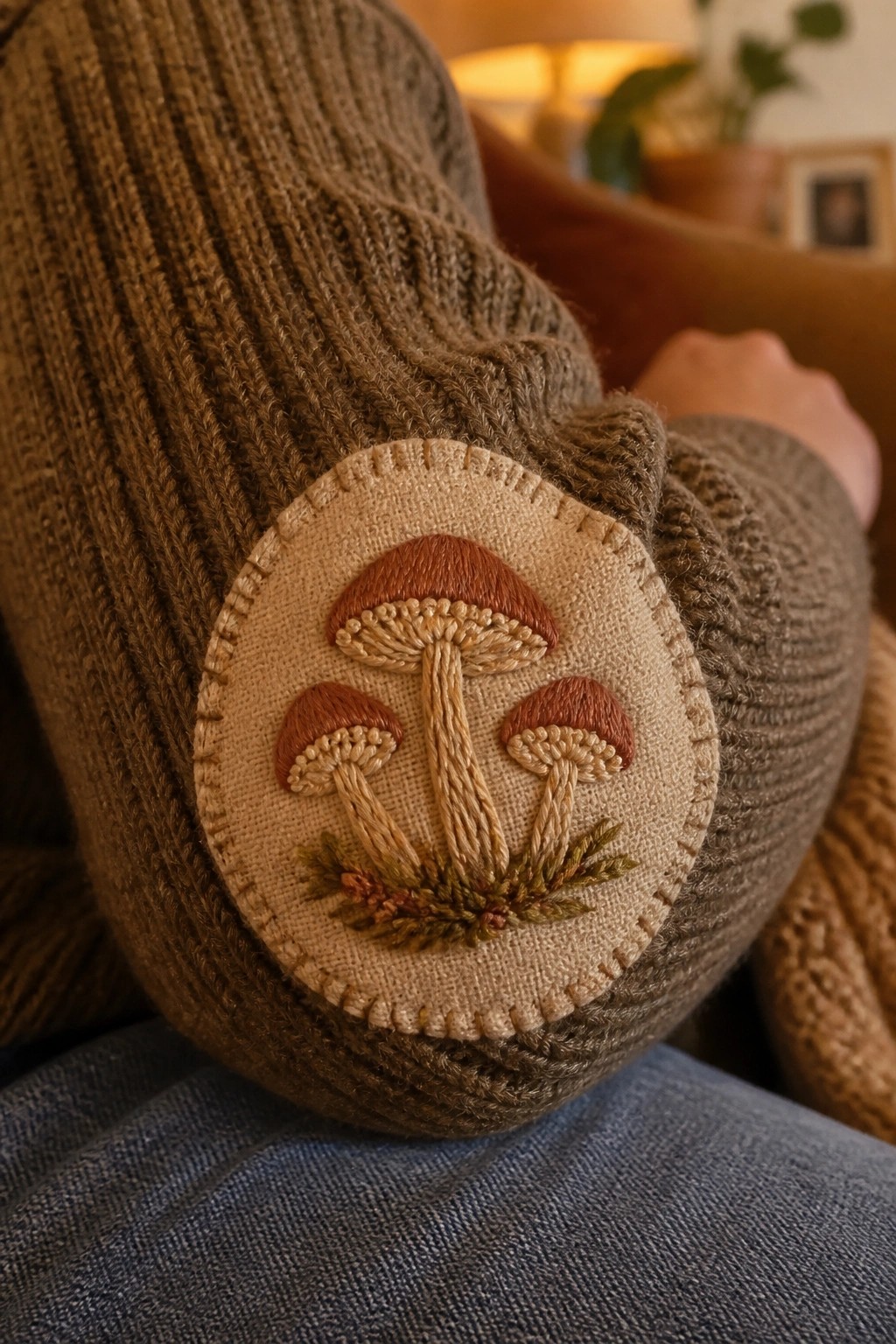 Close-up of a brown knit sweater elbow with an oval fabric patch embroidered with three mushrooms and small greenery.