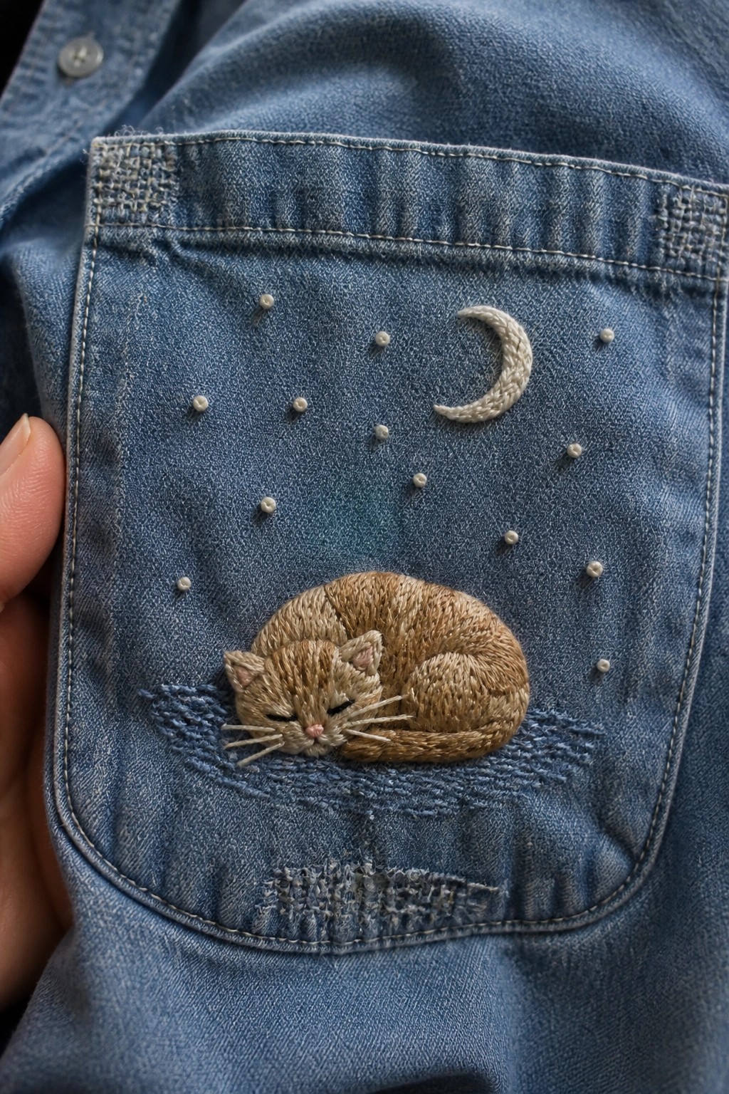 Blue denim pocket embroidered with sleeping brown cat, crescent moon, and stars