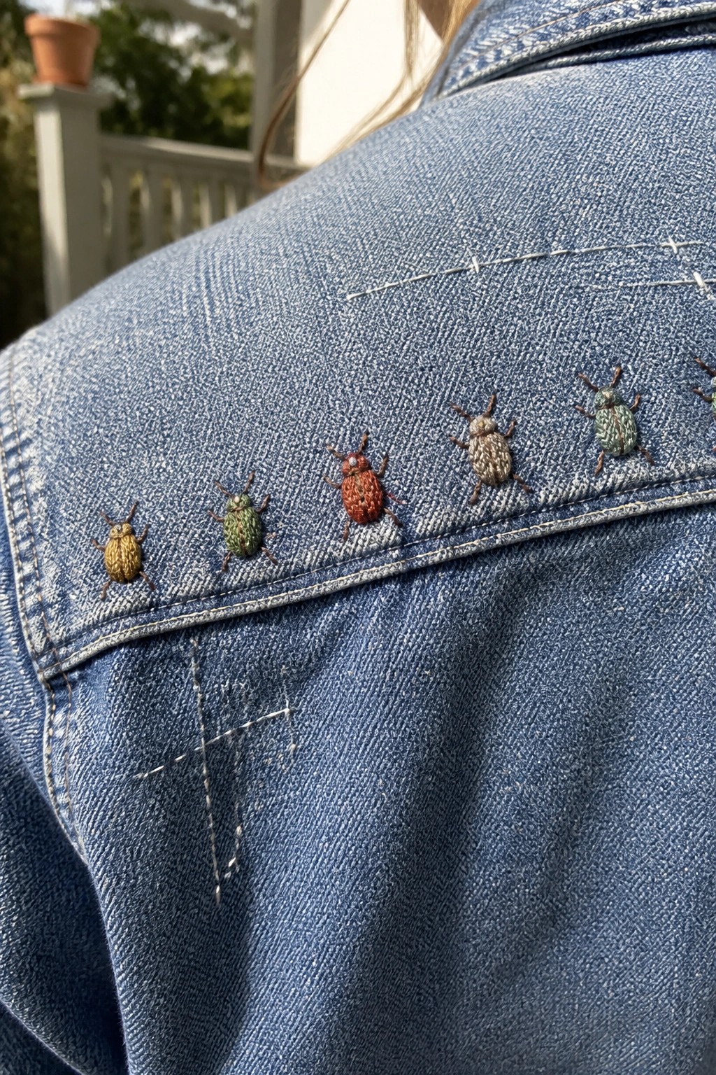Blue denim jacket with five colorful embroidered beetles along the shoulder seam