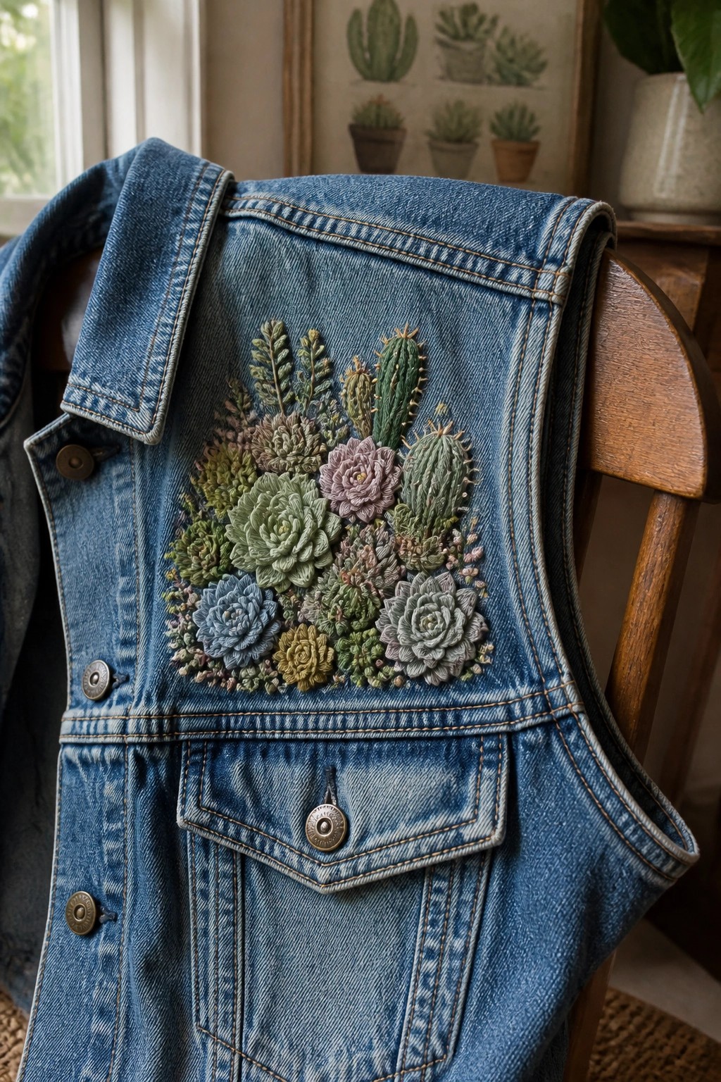 Blue denim vest with succulent and cactus embroidery draped over wooden chair.
