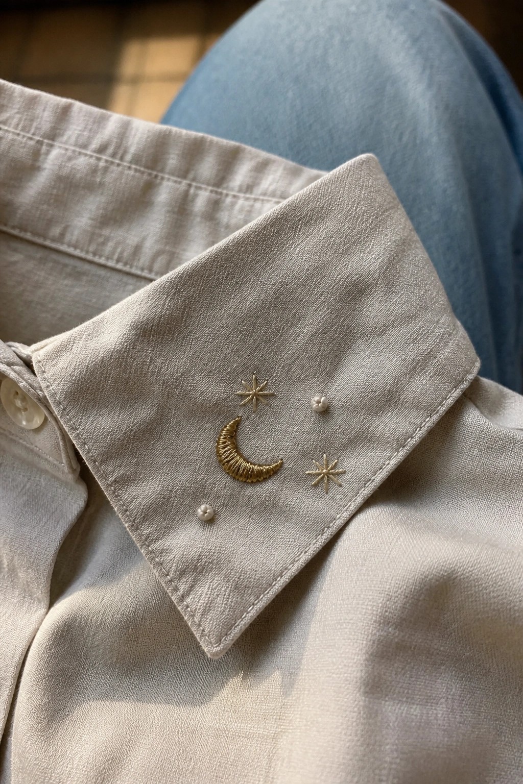 Beige shirt collar embroidered with golden crescent moon, stars, and pearls beside blue jeans