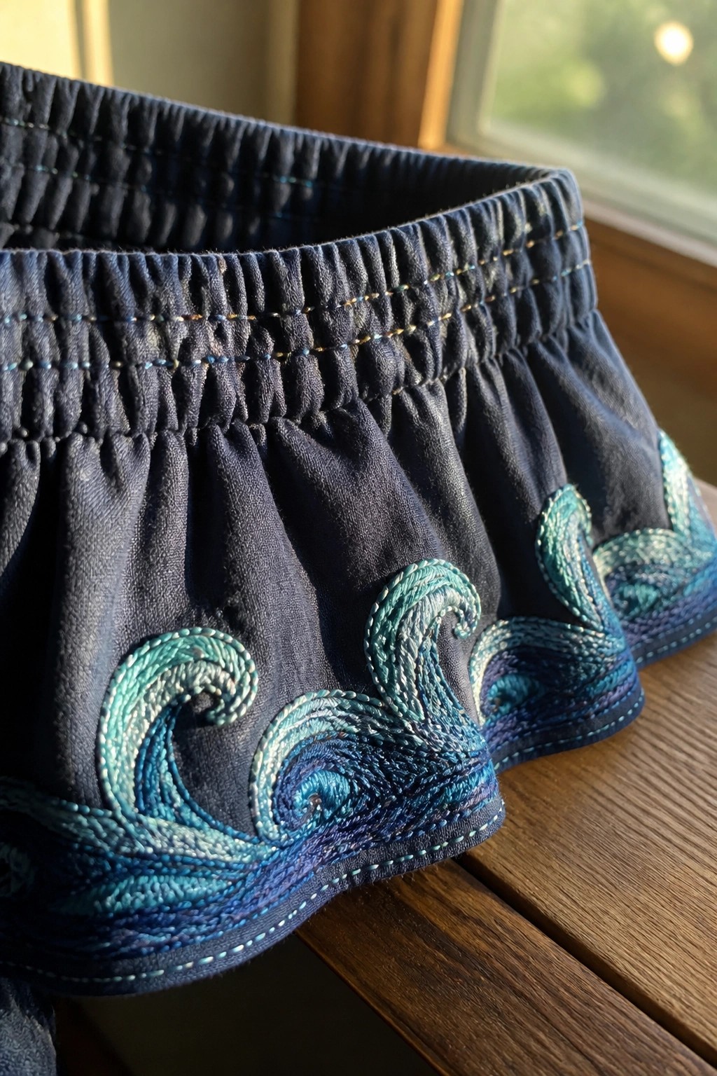 Navy blue gathered shorts with turquoise wave embroidery on wooden surface in sunlight