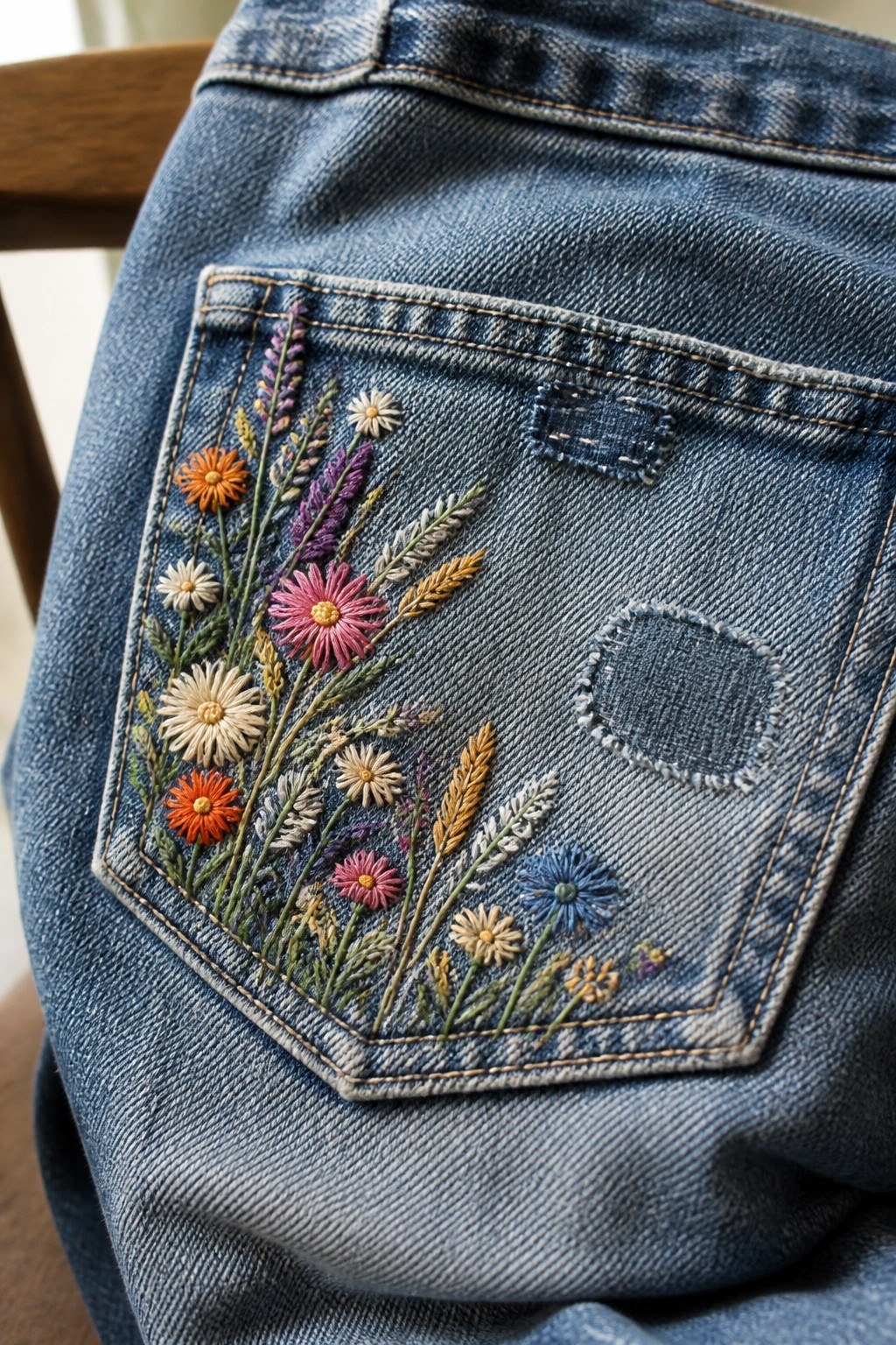 Blue denim jeans back pocket with colorful floral and wheat embroidery.