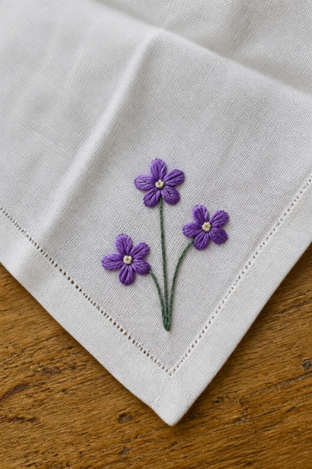 White linen napkin corner with three purple embroidered flowers on green stems.