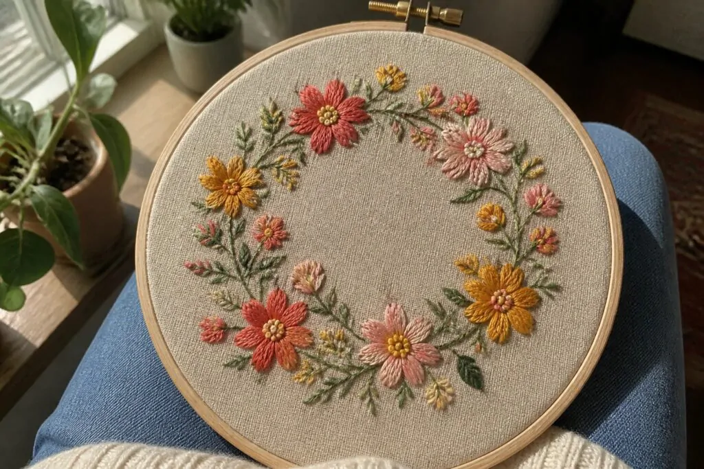 22 Creative Flower Embroidery Projects Featuring Satin Stitch Petals Hand holding a wooden embroidery hoop with a loose circle of pink, coral, and yellow flowers embroidered on beige fabric.