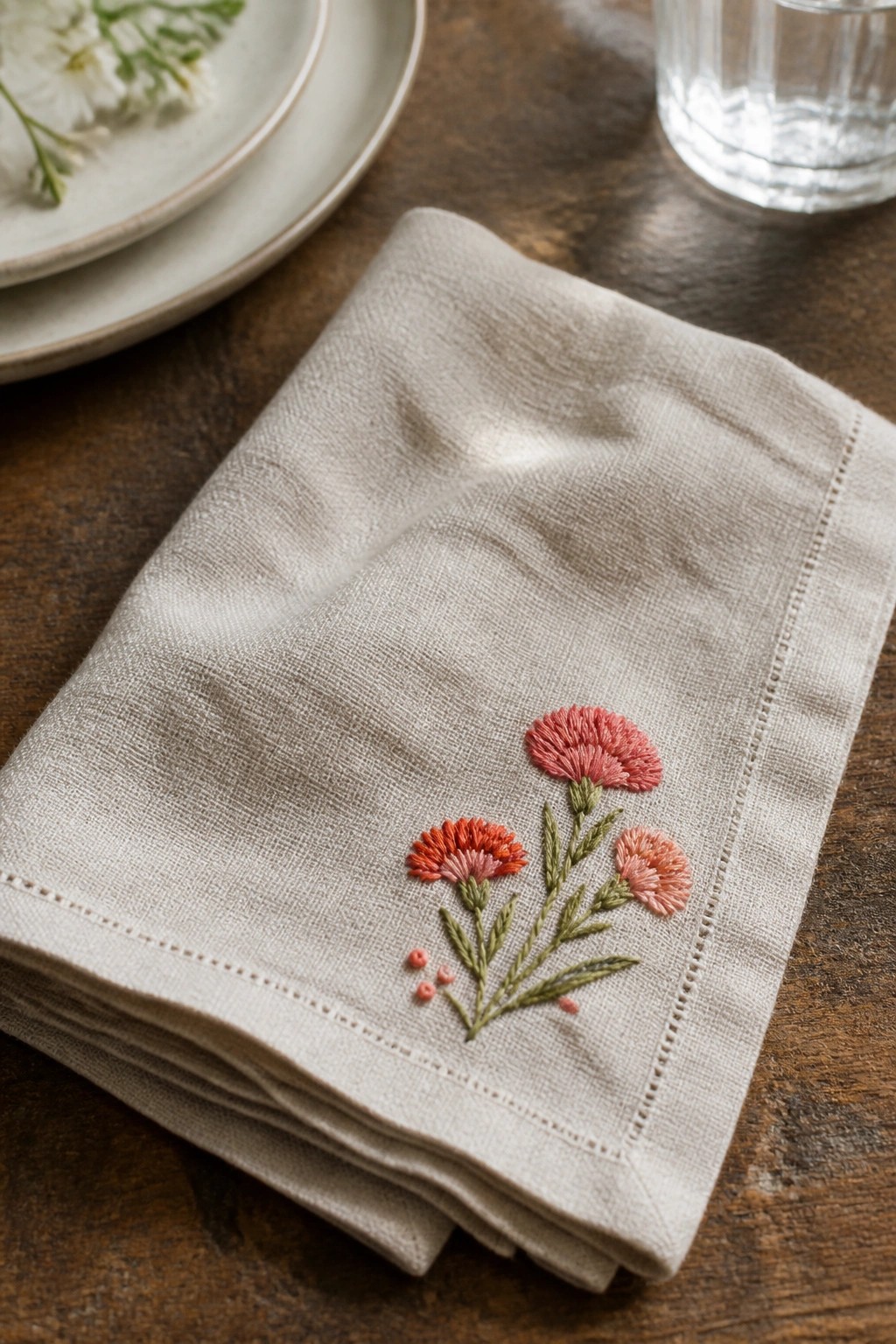Beige linen napkin with pink and orange floral embroidery on wooden table