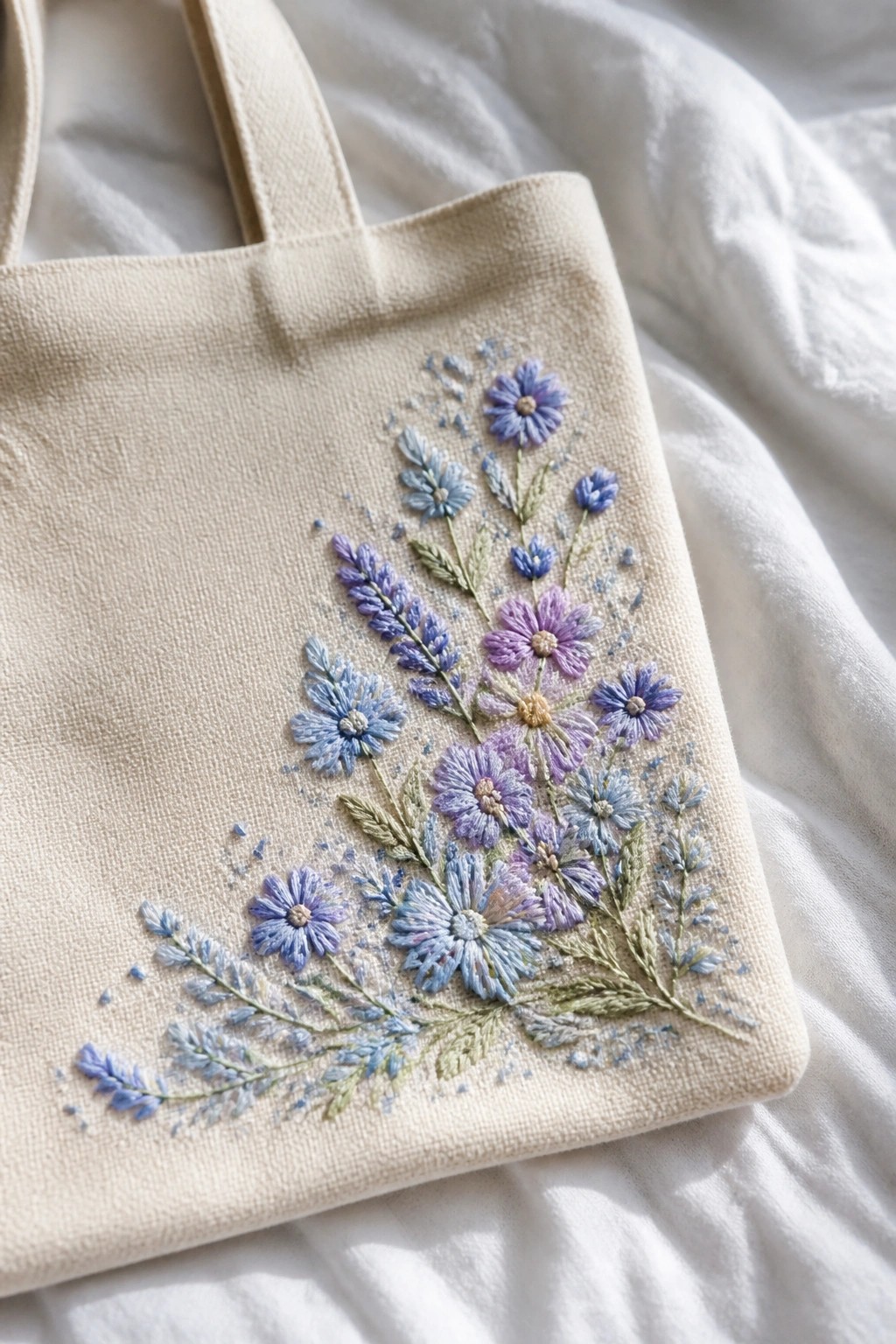 Beige tote bag with intricate blue and purple floral embroidery on white fabric.