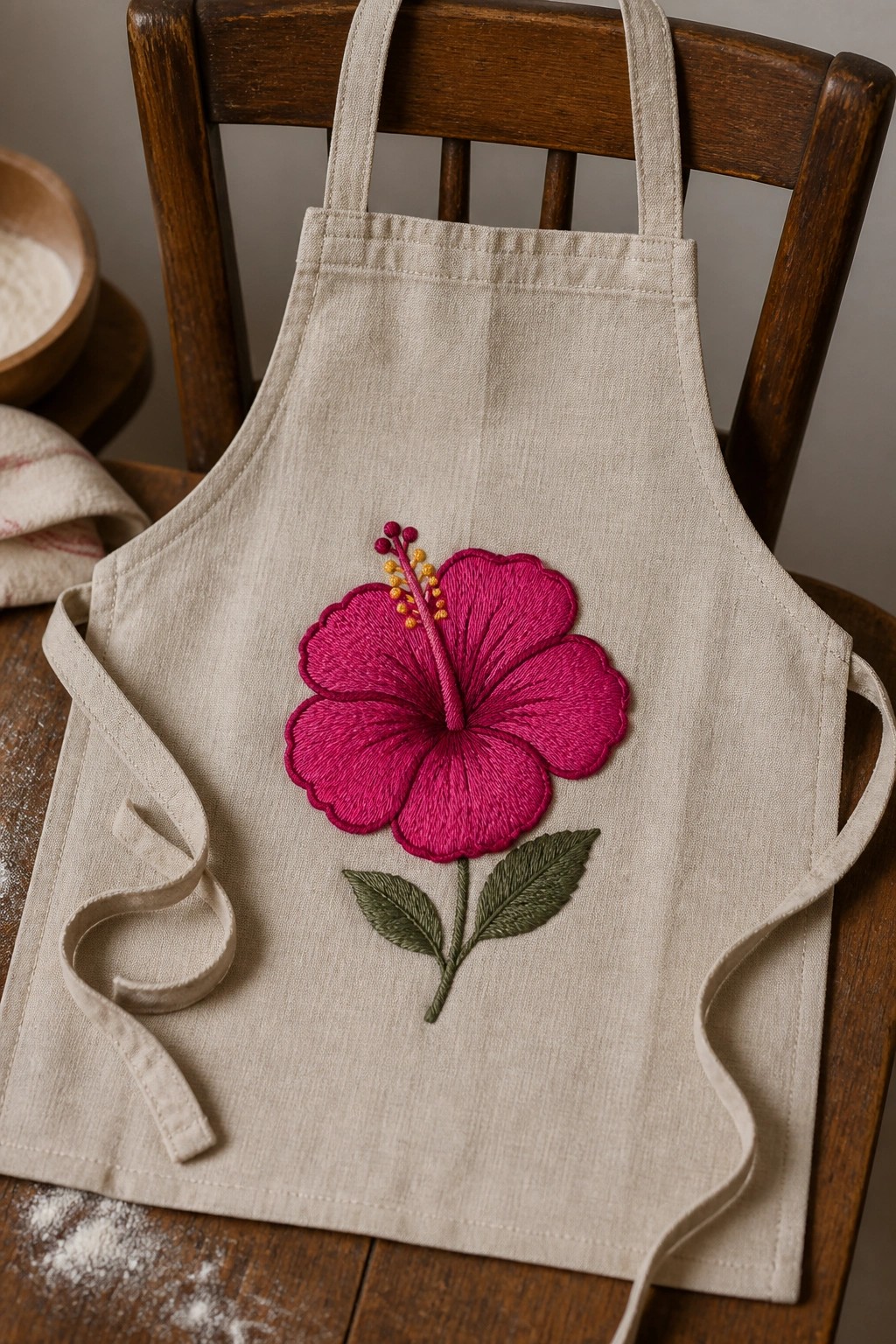 Beige apron with large pink embroidered hibiscus flower and leaves on wooden chair