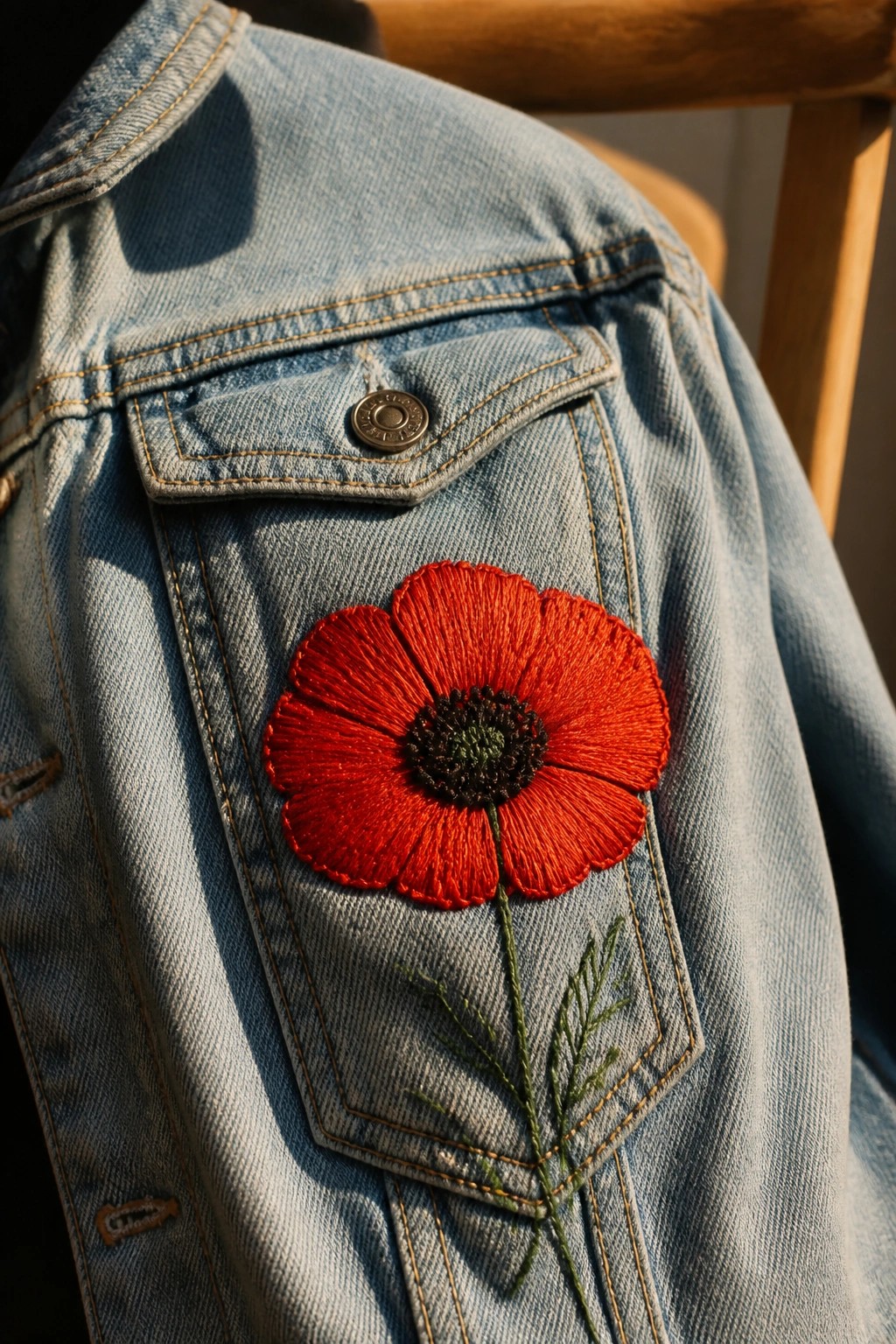 Light blue denim jacket with large red poppy embroidery on pocket