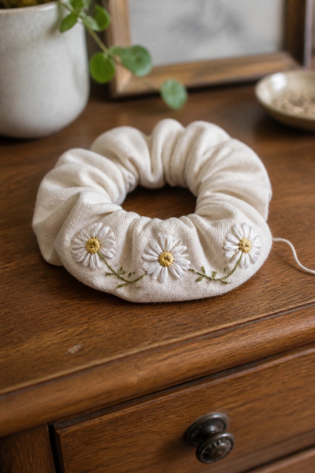 White fabric scrunchie with three embroidered daisies and green stems on a wooden surface.