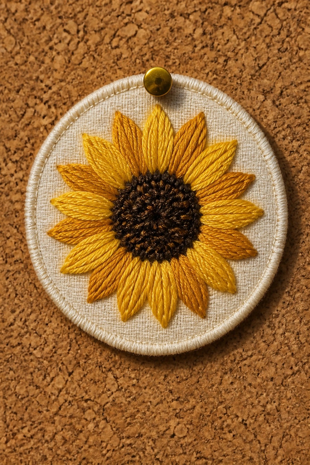 Embroidered yellow sunflower with brown center on white fabric, pinned to corkboard