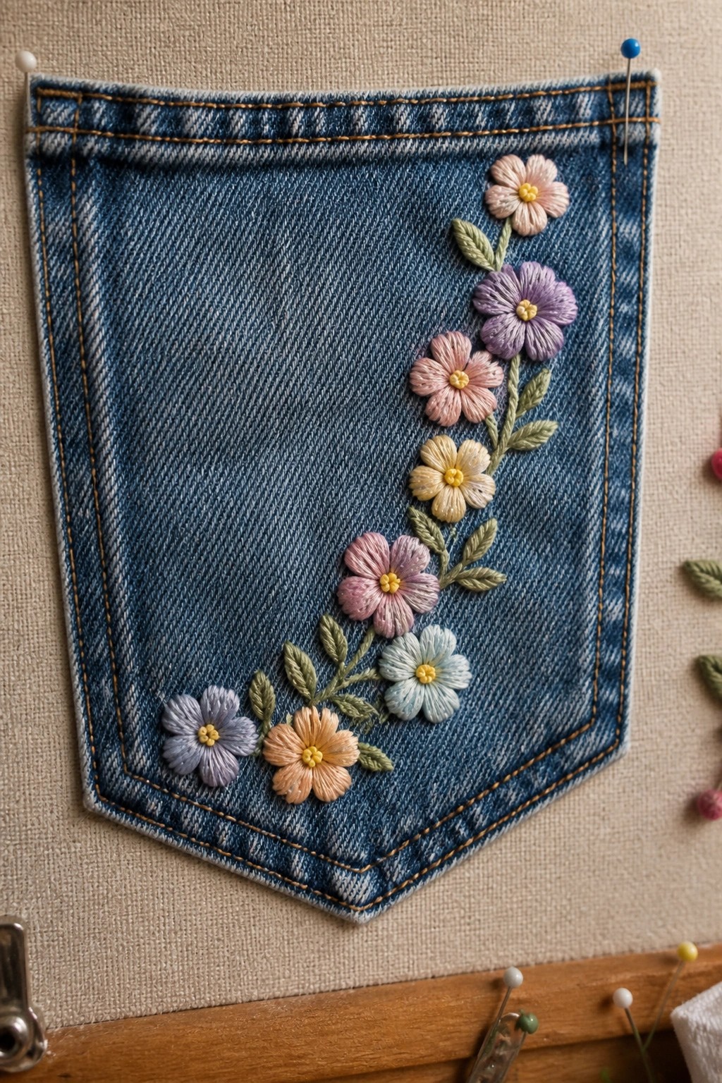 Blue denim pocket with colorful floral embroidery pinned to beige fabric.