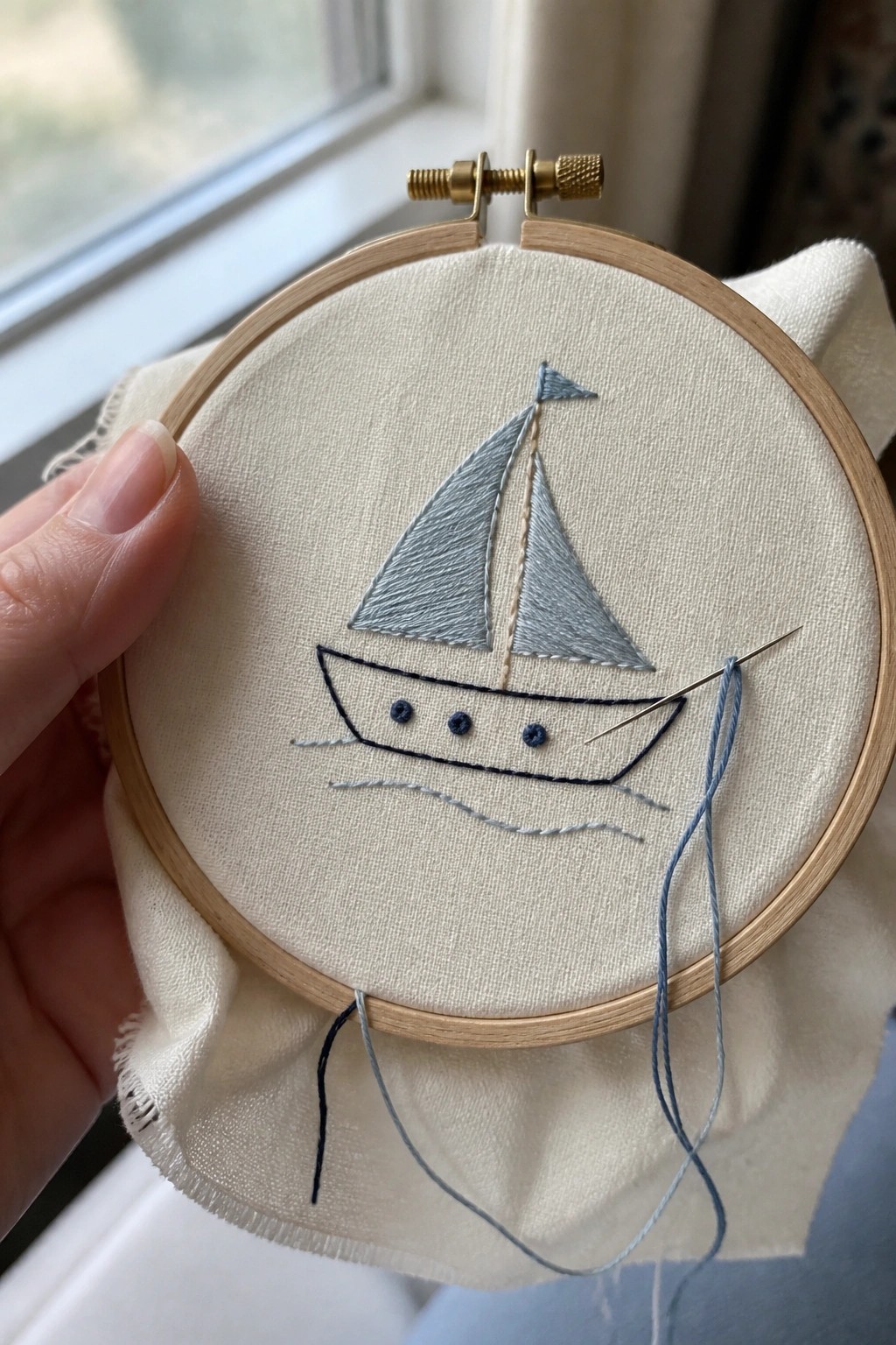 Hand holding wooden hoop with light blue embroidered sailboat and needle in fabric