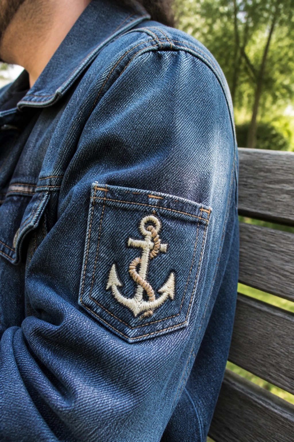 Blue denim jacket sleeve with embroidered anchor on pocket, wooden bench background.