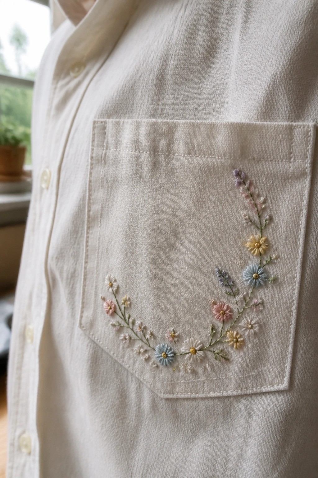 Cream shirt pocket with delicate pastel floral embroidery in a curve
